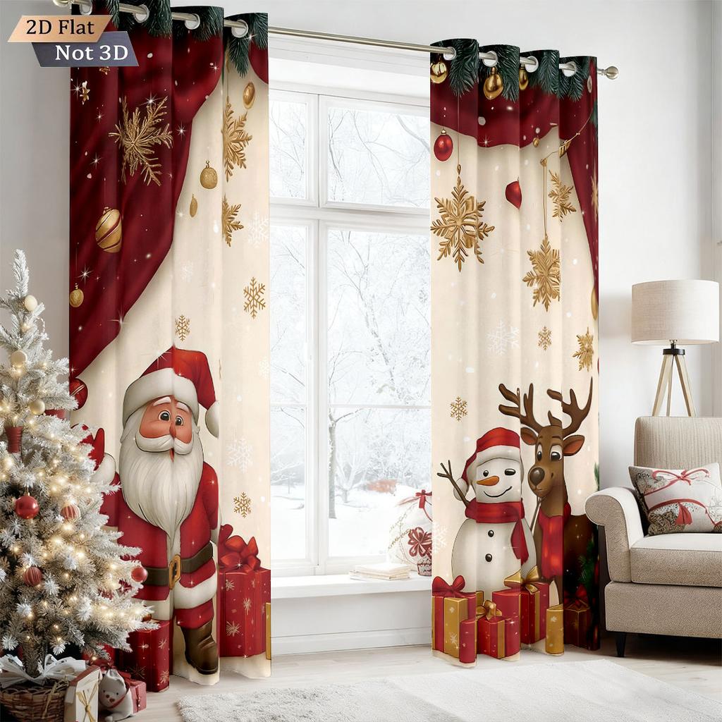 Light Blocking Merry Christmas Santa Claus Print Perforated Curtains Multi Size Living Room Insulation Holiday Decoration Curtain Set Of 2 Made