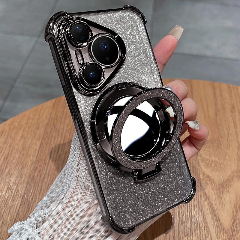 For Pura 80 Pro+ Plating Glitter Mirror Holder Silicone Shockproof Case for Huawei Pura 80 Ultra Magnetic Stand Back Cover