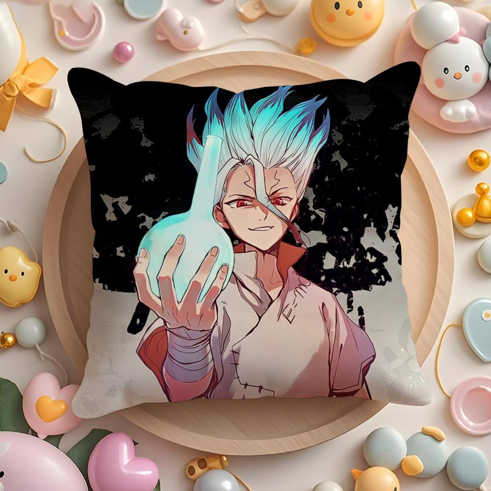 D-Dr.Stone Anime Cushion Cover Plush Fabric Soft Double-Sided Printed Sofa Warm Winter Home Gift Pillow Cover
