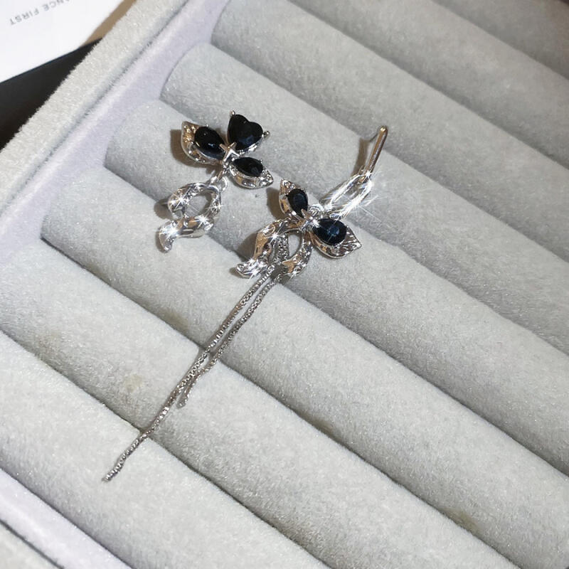 Exquisit Black Zircon Bowknot Tassel Dangle Earrings for Women Girl Korean Style Asymmetry Metal Stud Earrings Jewelry Wholesale