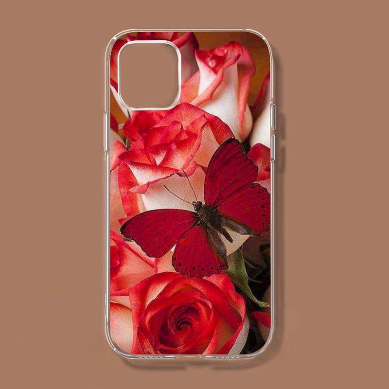 Červený motýl na bílých růžích květinový kryt na telefon pro iPhone 11 12 13 Mini Pro Xs Max 8 7 6 6s Plus X 5s Se 2020 Xr