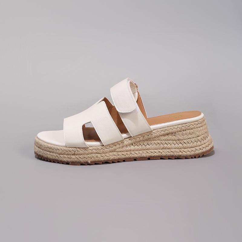 

Hemp rope slope heel platform sandals women s Velcro open-toed slippers fashion women s shoes for round head one-word belt 43 белый