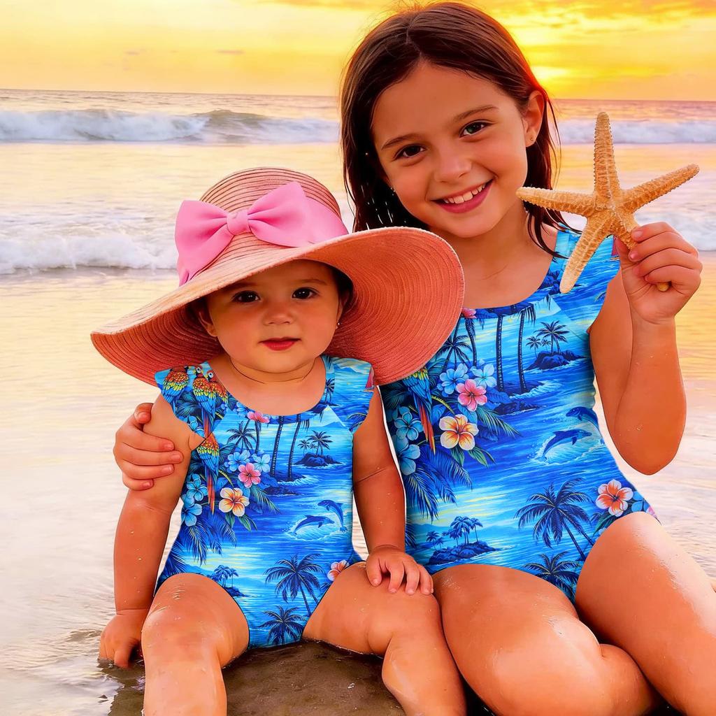 Girls One Piece Swimsuit Hawaiian Print Sleeveless Ruffle Shoulder Swimwear Kids Beachwear Bathing Suit for Summer Pool Water Activities