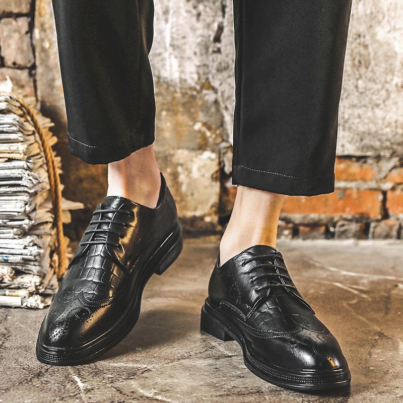 Men'S Leather Shoes Business Dress Casual Versatile Black Pointed Thick Sole British Fashion Wedding Shoes 9625-J