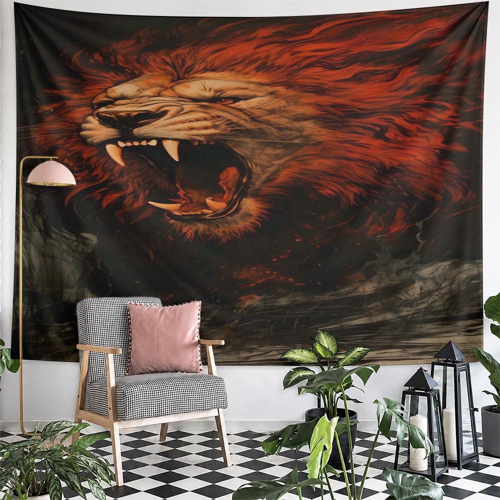 Fiery Roaring Lion Illustration Pattern Wall Hanging Tapestry Decorative Tapestry Home Decor for Bedroom and Living Room