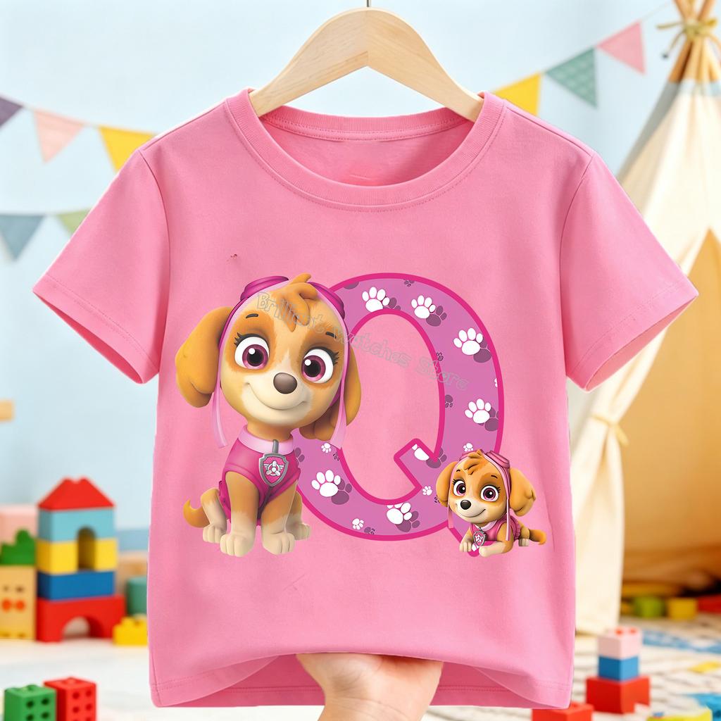 Paw Patrol Skye T-shirt for Children Cartoon A-Z Letter Tee Top Round Collar Clothing Girls Short Sleeve Kids Anime Clothes Gift