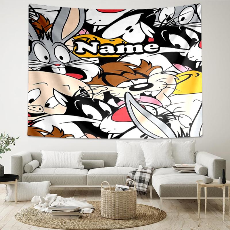 Custom Name Looney Tunes Print Tapestry, Backdrop, Easy Setup, Ideal for Bedroom, Office & Living Room, with Aesthetic Wall Hanging Decor.