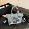 2025 New Trendy Cartoon Cat Print Denim Bucket Bag Versatile Casual Commuter Large Capacity Crossbody Shoulder Bag for Women