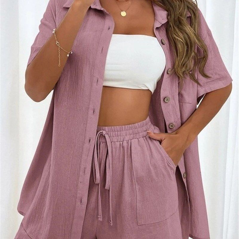 

Short Sleeved Shorts Two Piece Shirt Set for Women Pink M