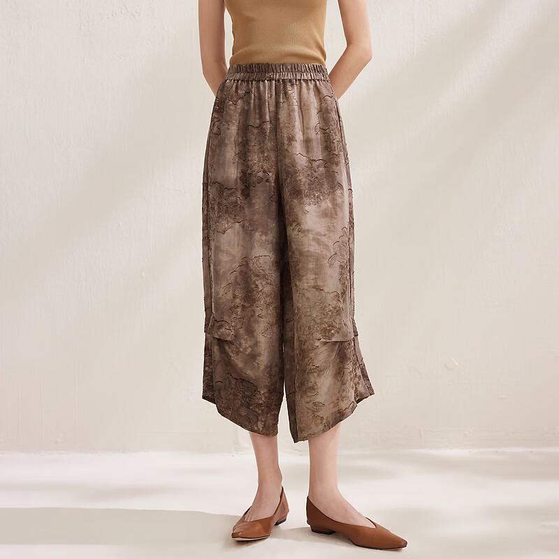 Women s Retro Chinese Style Pleated Linen Silk Cropped Wide-Leg Pants L