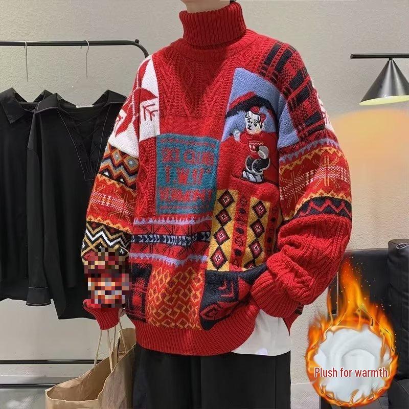 Men's Winter Plus Velvet Thick Knit Hong Kong Style Christmas Sweater - Loose Trendy Design for Couples