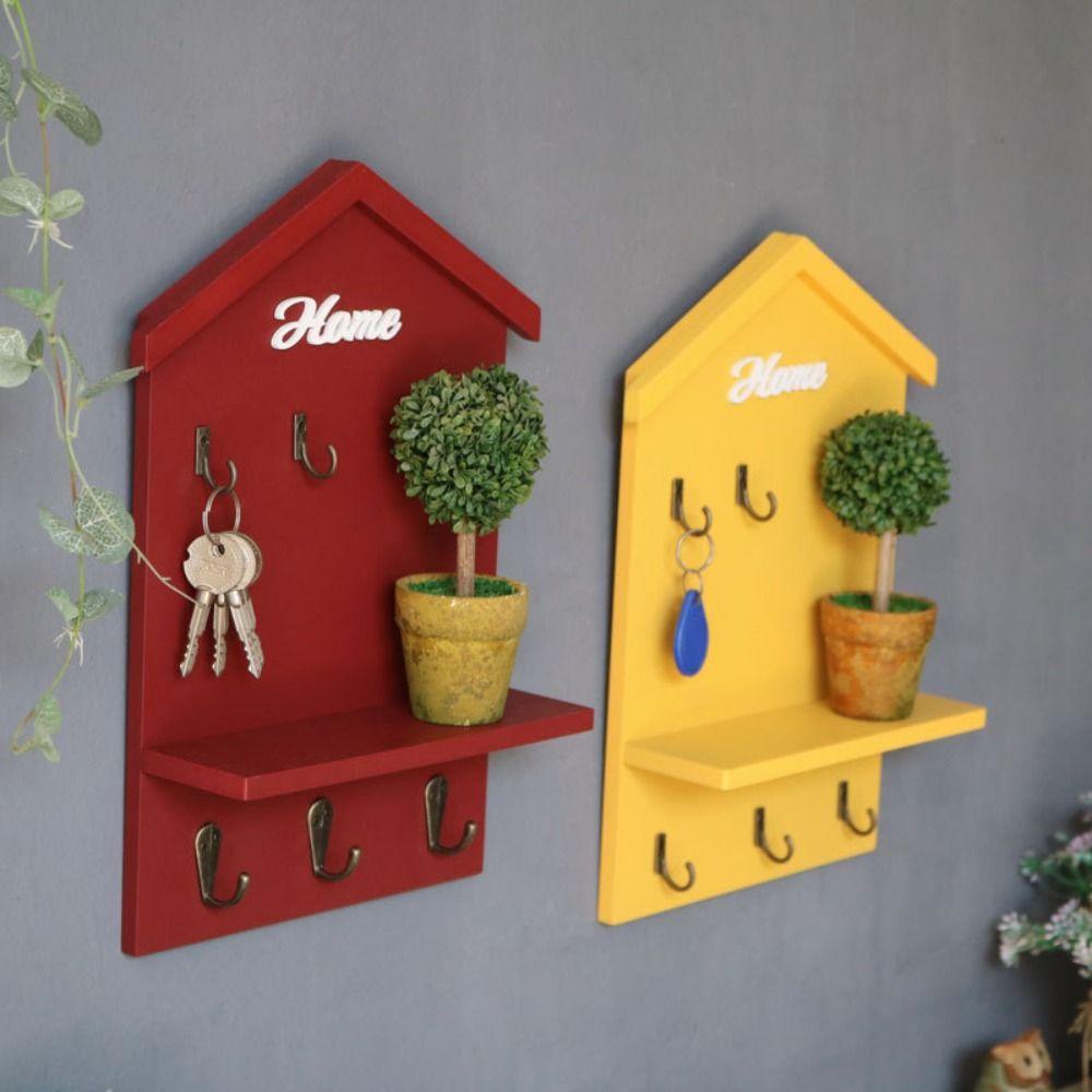 Wall Mounted Wooden Key Hook Handmade 5 Hooks Doorway Storage Rack with Hanging Hole Space Saving Keys Organizer Living Room