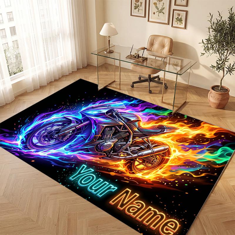 Motorcycle Biker Theme Soft Crystal Velvet Rug Custom Name & Text Print Non Slip Floor Rug for Bedroom Living Room