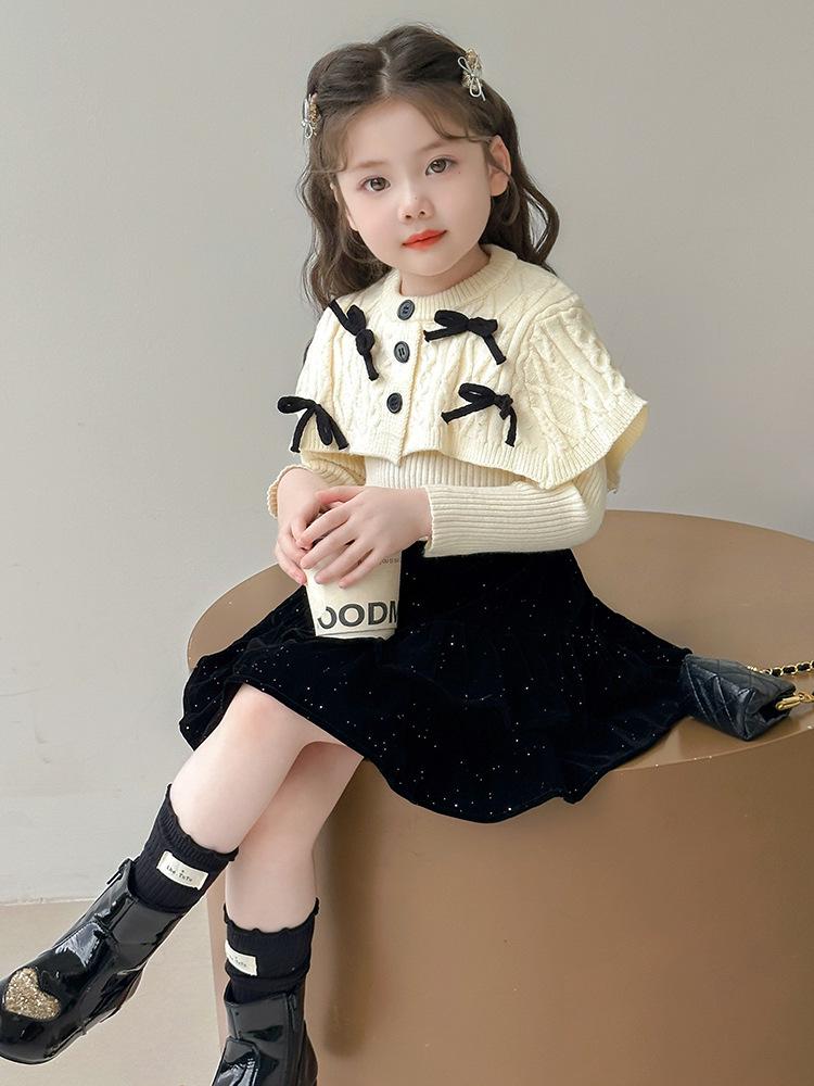 Girls' 2025 Autumn/Winter Knitted Cardigan and Velvet Skirt Set with Sweet Bow Cape