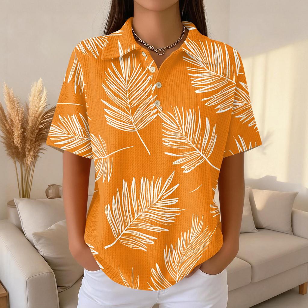 Women Casual Short Sleeve Hawaiian Print Waffle Knit Polo Shirt Lightweight Breathable Summer Top Relaxed Fit
