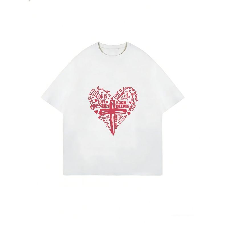 Women Casual T-Shirt White Heart Cross Faith Jesus Love God Religious Christian Design For Daily Wear Church Outfits