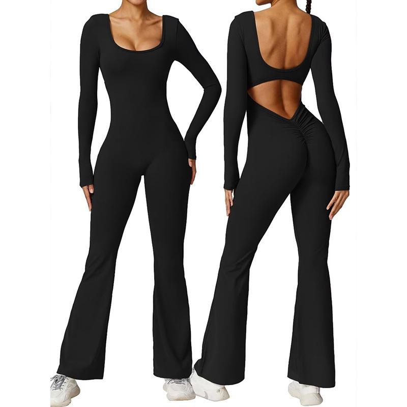 Cross Border Women's Autumn and Winter Long Sleeved U-neck Backless Slim Fit and Hip Lifting Sexy Sports Yoga Jumpsuit from Europe and America