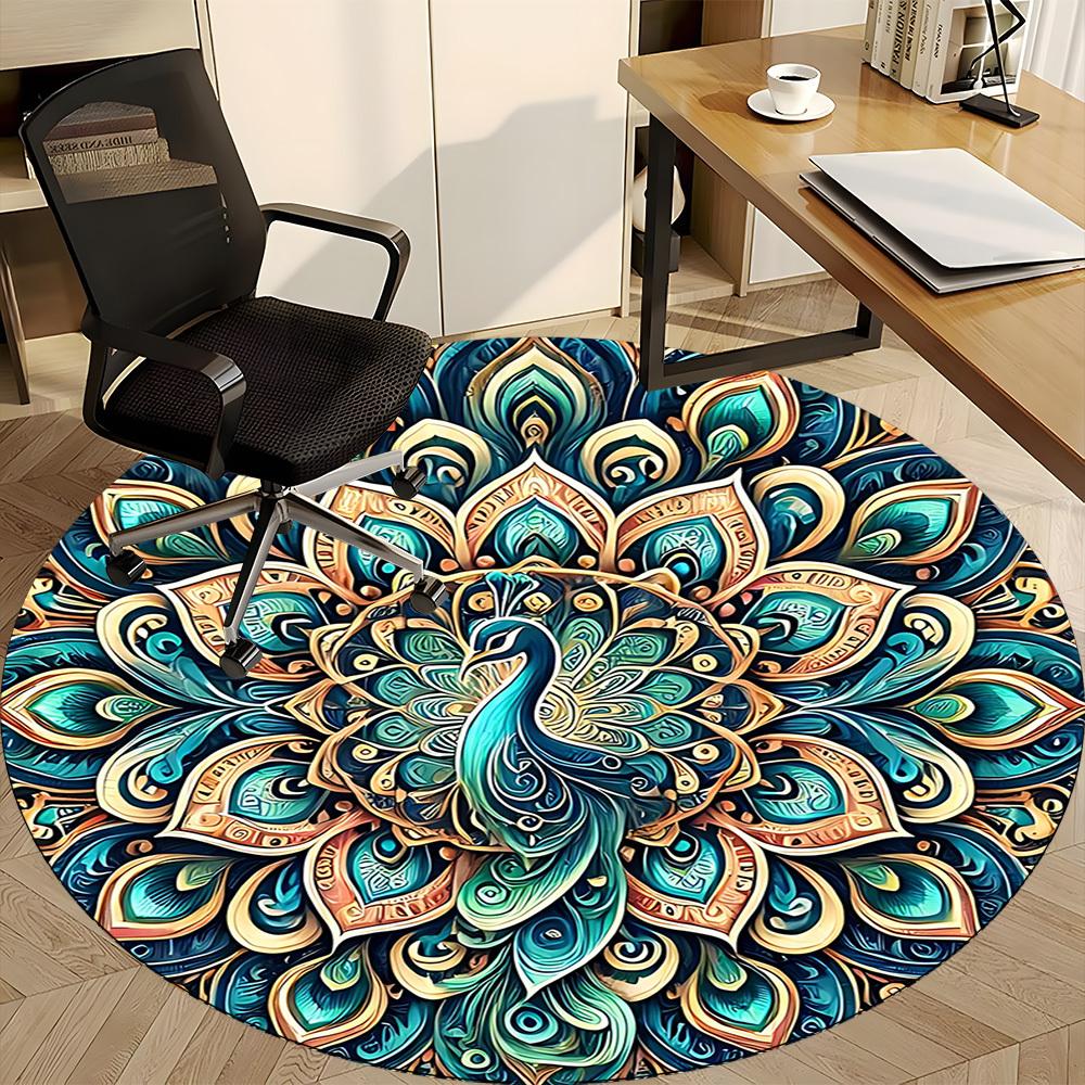 1pc Peacock Mandala Office Round Area Rug, Under Office Chairs Bedroom Living Room Home Decor, Room Deco