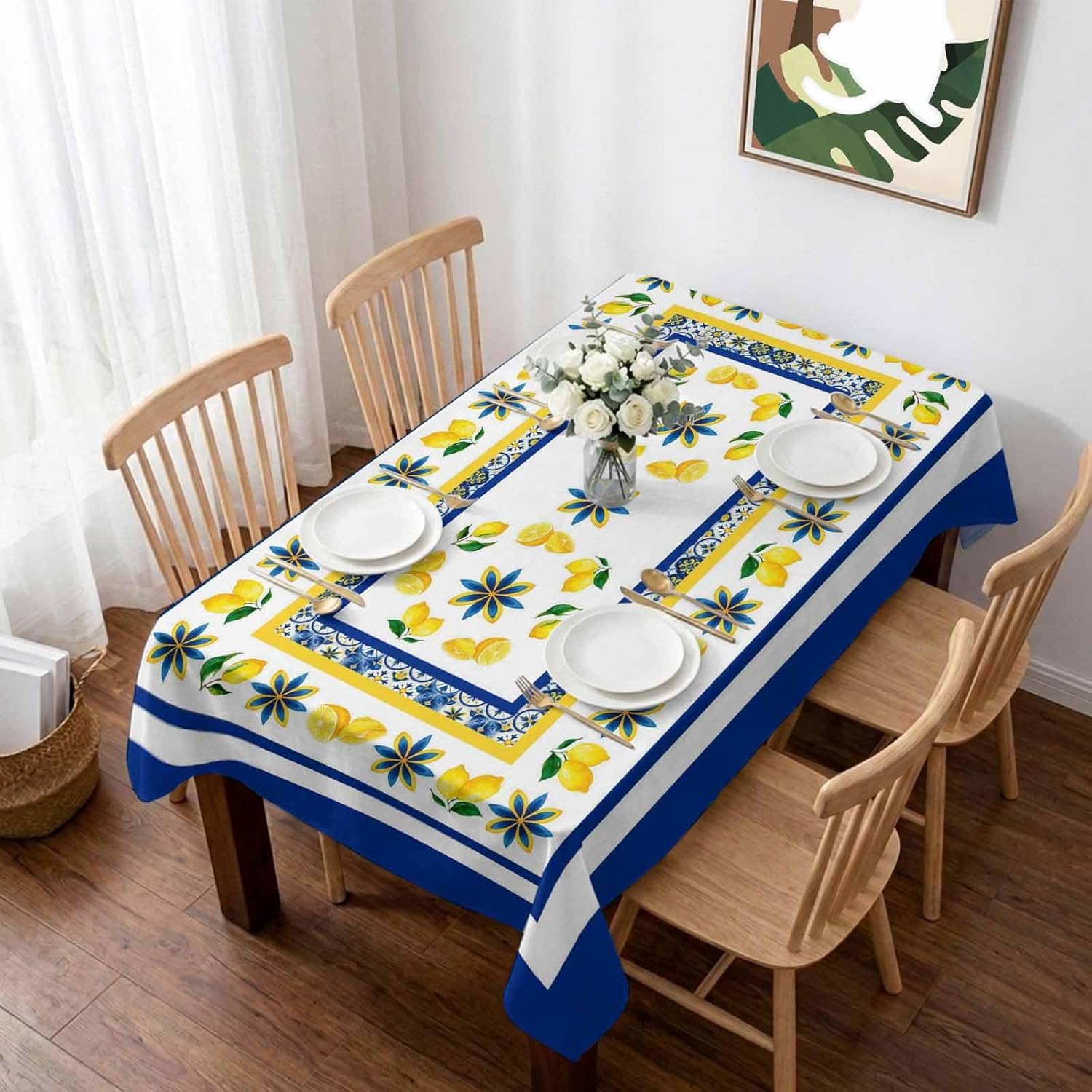 Blauwe Citroenen Waterdichte Rechthoekige Tafelkleden Zomer Aquarel Italiaanse Stijl Bloem Tafelkleed voor Keuken Eetkamer Vakantiefeest 140x140cm