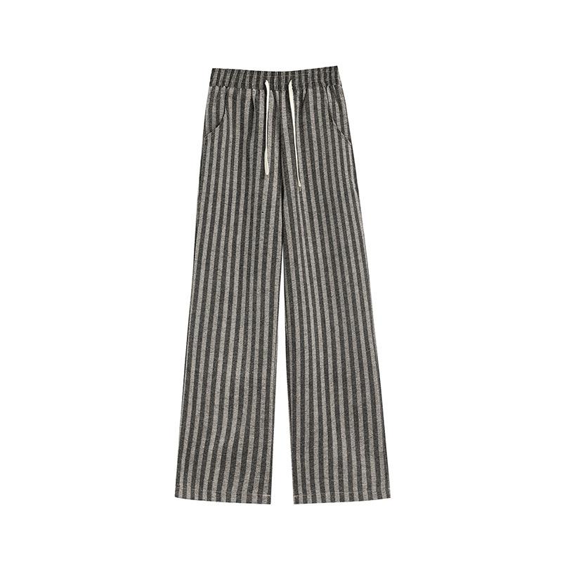 Casual Loose Grey Striped Wide Leg Pants for Women Spring Summer High Waisted Hanging Straight Leg Floor Length Pants Trousers Women’s