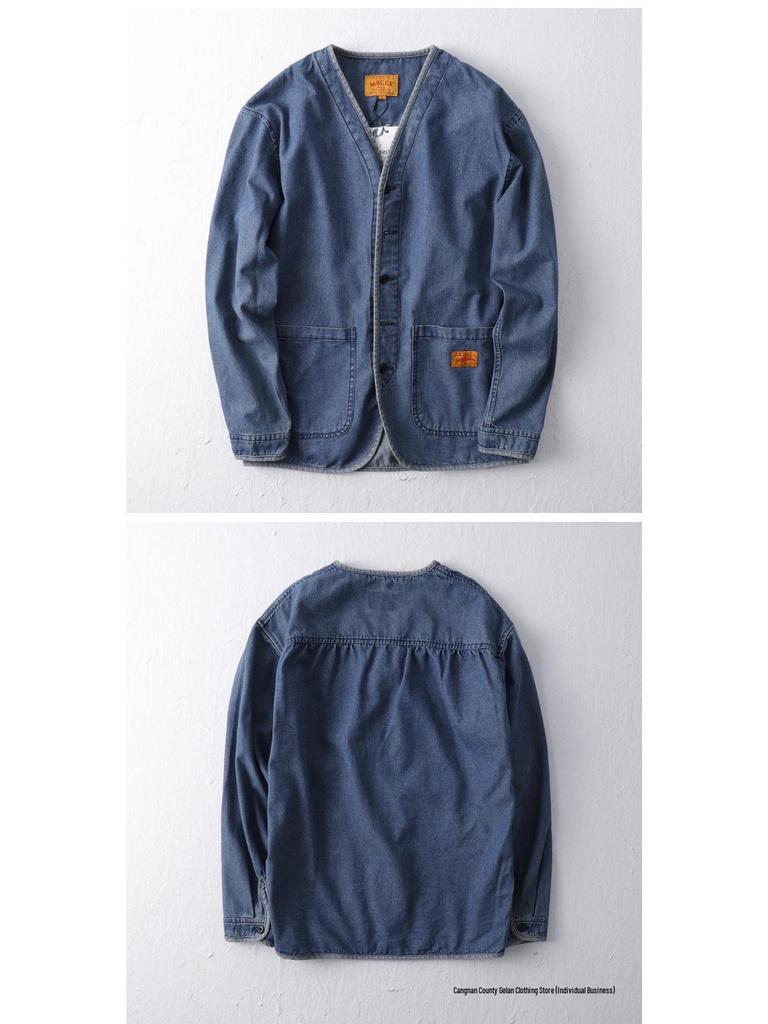 Men's Trendy Japanese Retro Washed Cotton Denim Jacket - Collarless Workwear Style