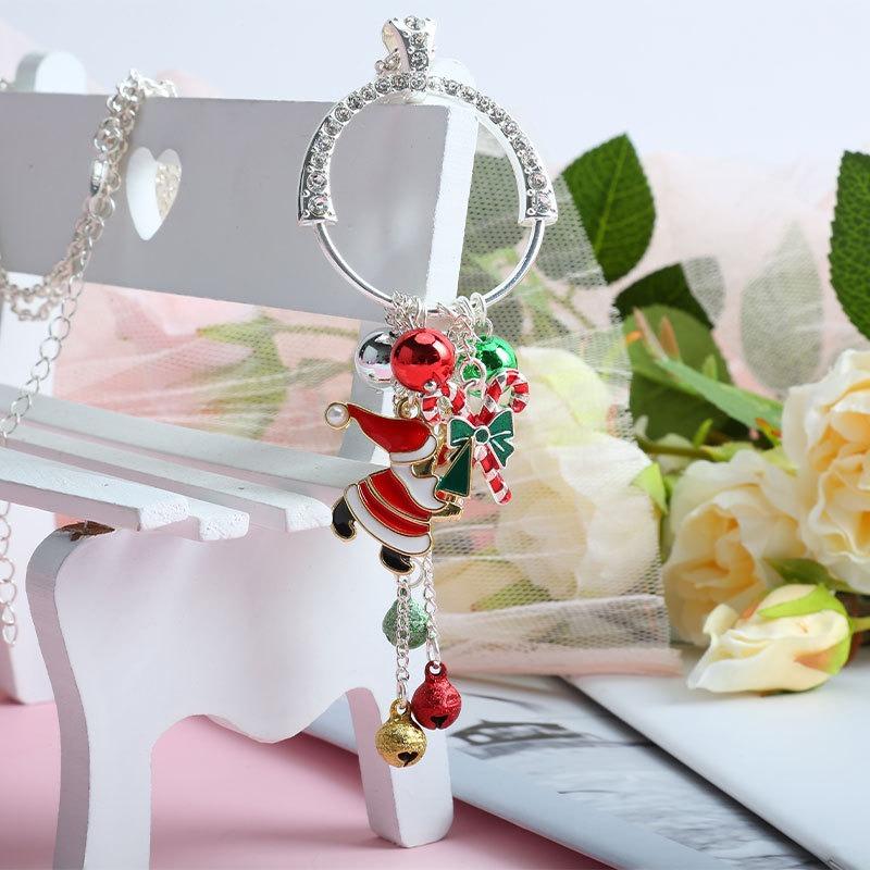 Christmas Necklace, Long Chain with Hanging Alloy Santa Hat, Gift Tie, Bell, C Holiday Necklace