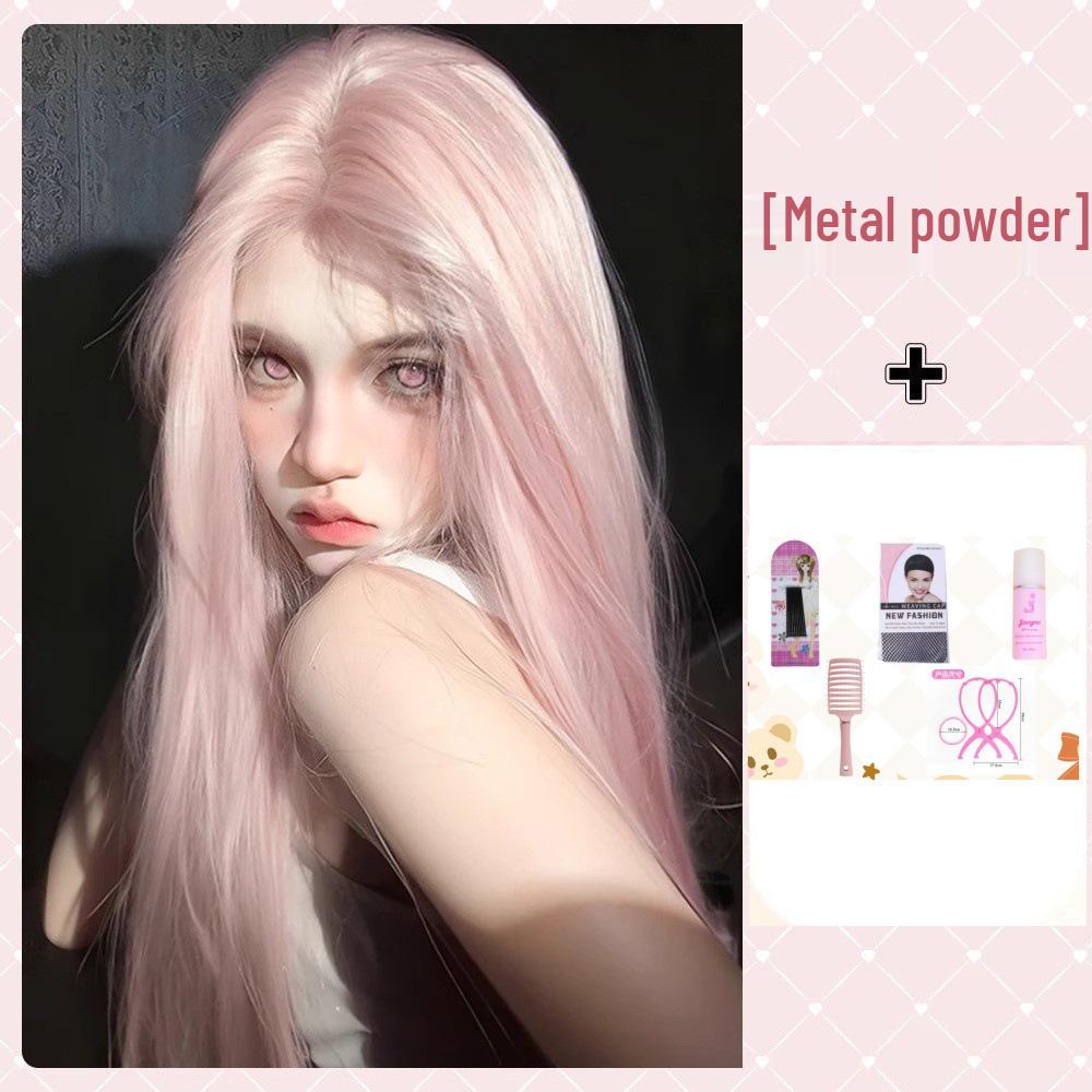 Długa Prosta Peruka z Koronką z Przodu dla Kobiet - Różowy Styl Lolita z Puszystym Pełnym Kryciem