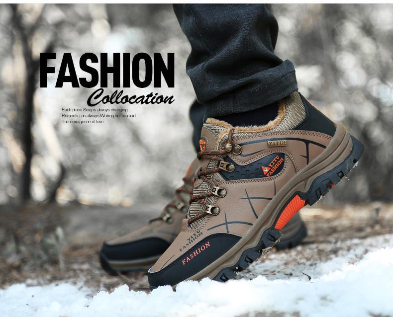 Men's Waterproof Winter Hiking Boots with Fleece Lining, Non-Slip, Wear-Resistant, Durable Outdoor Shoes for Construction and Labor Protection.