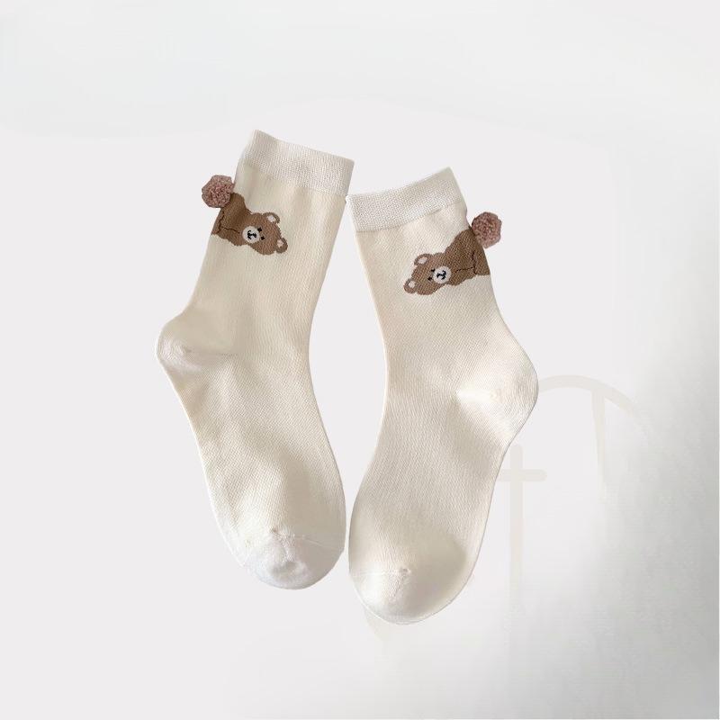 Bottom Ball Cartoon Animal Socks, Cute Mid-calf Socks for Girls, Solid Color, Versatile Panda Dui Dui Cotton Socks