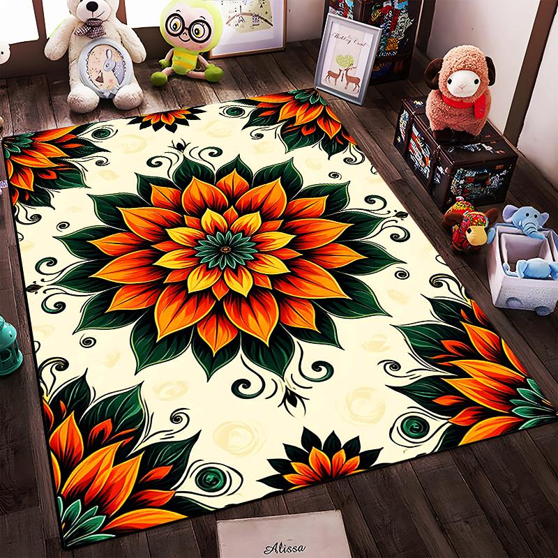 Colorful Floral Mandala Design Rug Non-slip rug suitable for living room and bedroom sofas.