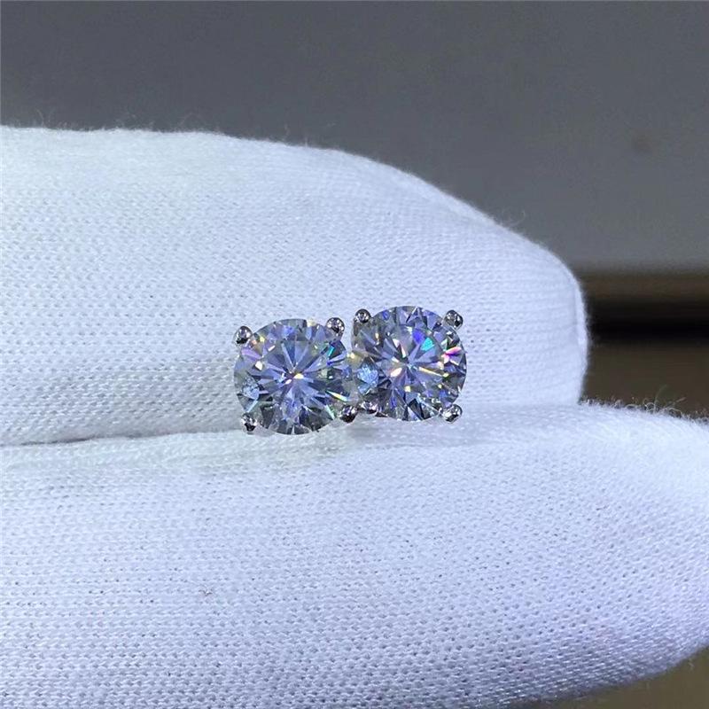 Platinum Moissanite Stud Earrings, D Color, Four-Prong Setting, Diamond Tester Certified with International Certificate