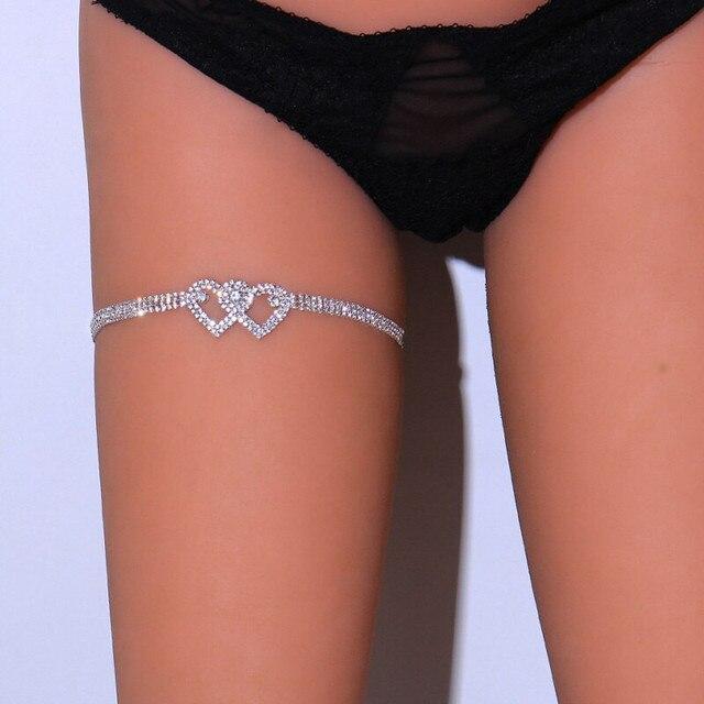 Motýlí/srdíčkový štrasový řetízek na nohy pro ženy Luxusní stříbrná barva/zlatá barva Full Bling Iced Out Body Stehno