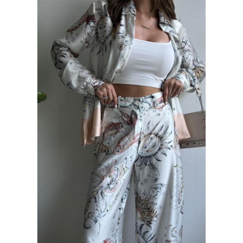 European and American cross-border women's suit 2024 new spring and summer fashion positioning printed long-sleeved top wide-leg pants two-piece set
