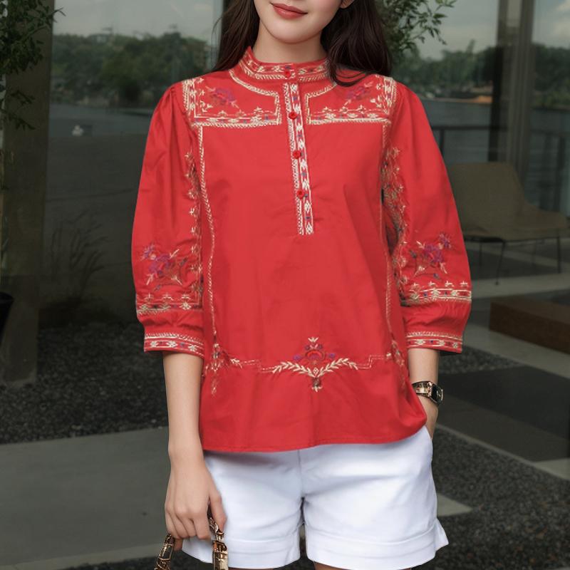 ZANZEA Women Casual Stand Collar Loose 3/4 Sleeve Print Blouse