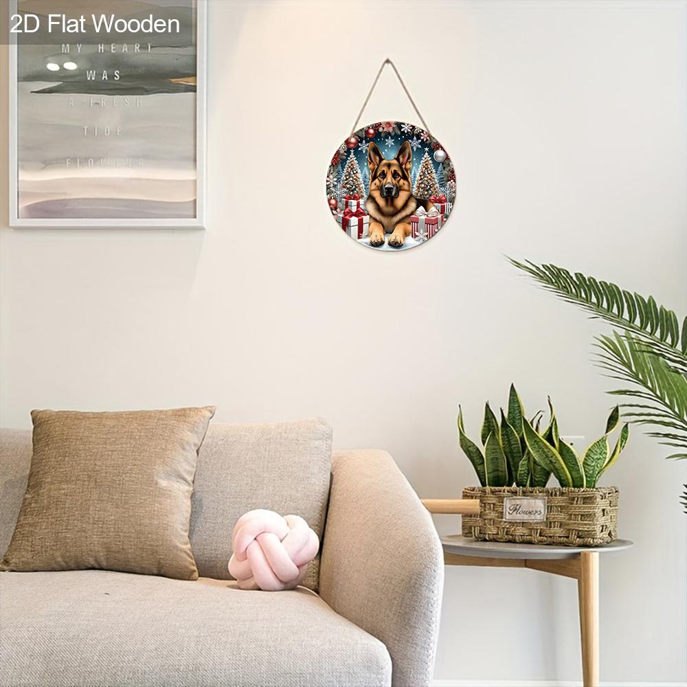 Christmas Wooden Sign with German Shepherd Pattern - Navidad Round Sign for Front Door, Wall Hanging Decor - Ideal Christmas Decoration