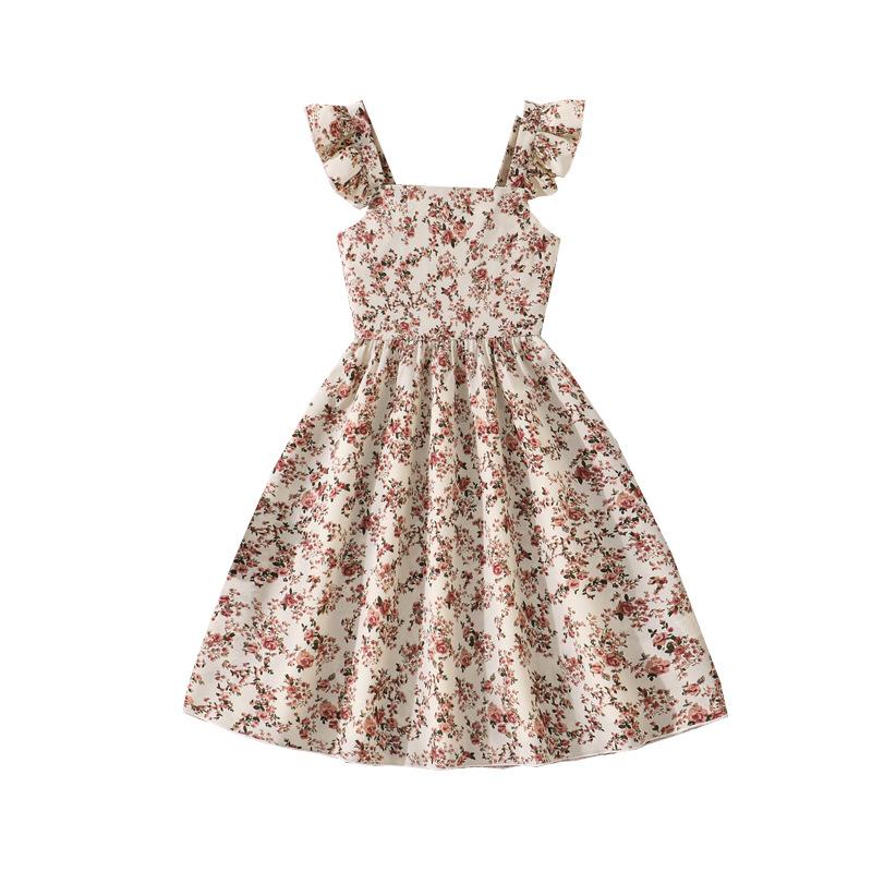 Modna Sukienka dla Dziewczynki Letnia Dziecięca Elegancka Kwiatowa Falbankowa Na Cienkich Ramiączkach z Kokardą