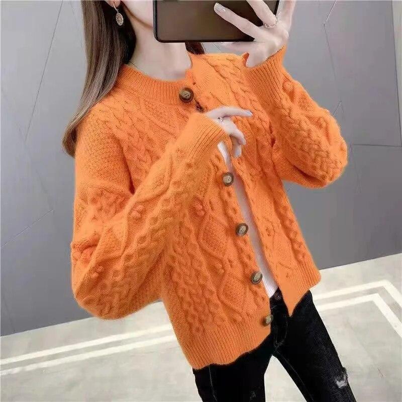 Solid Color Twist Knitted Cardigan Women's Spring Autumn Short Ladies Sweater Coat Korean Elegant Long Sleeve Tops