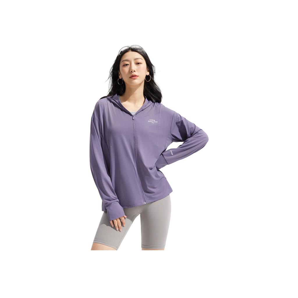 Li Ning Ice Cream Letter Zipper Hooded Comfortable Breathable Versatile Loose Jacket Women Jackets Dark-Gray Purple AFDVE46-4