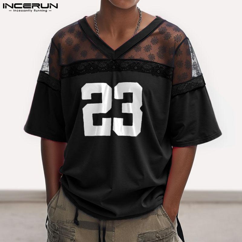 INCERUN Men Casual V Neck Short Sleeve Lace Sheer Patchwork Tops