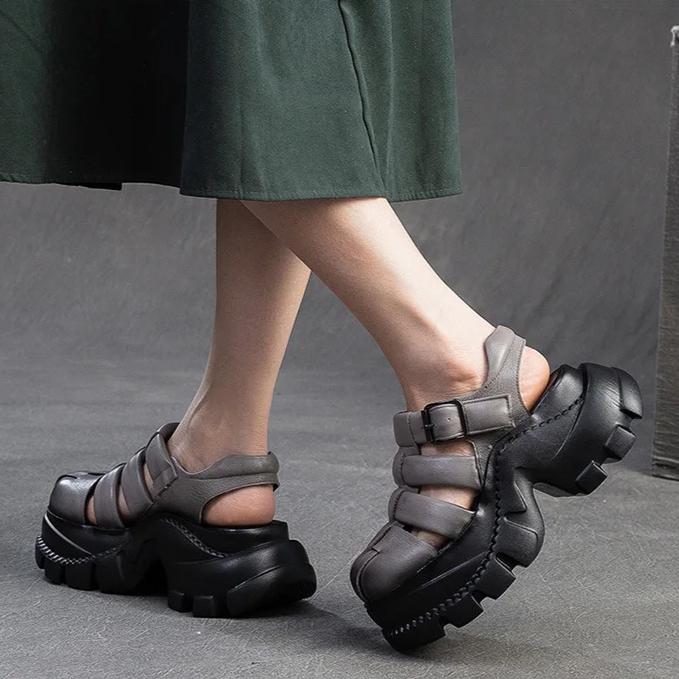 Johnature Round Toe Woven Breathable Hollow-out Thick Soled Sandals Casual Versatile Women's Platform Shoes