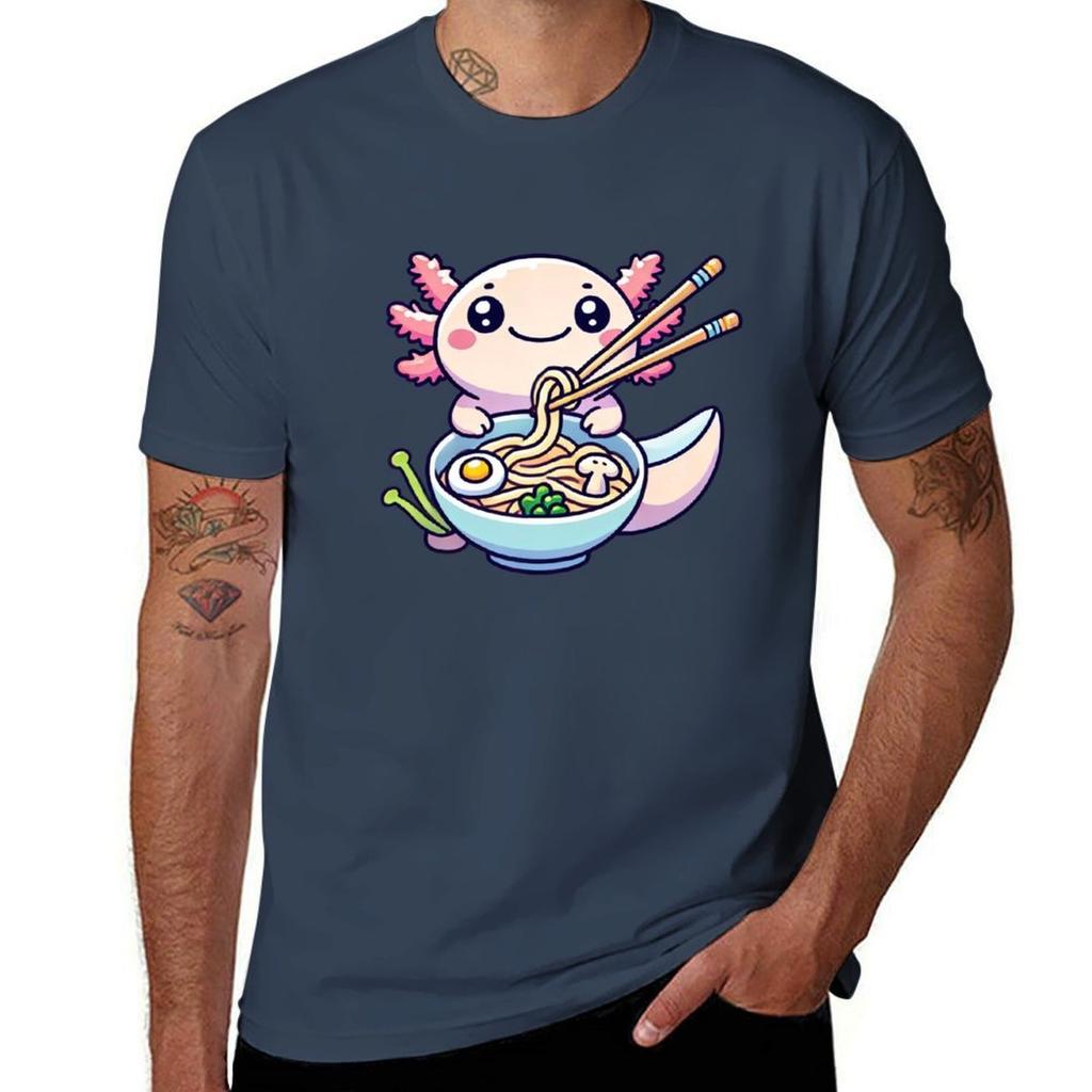 Cute Axolotl Eating Noodles With Chopsticks Tshirt Big Size Short Sleeve Tee For Unisex Tshirt