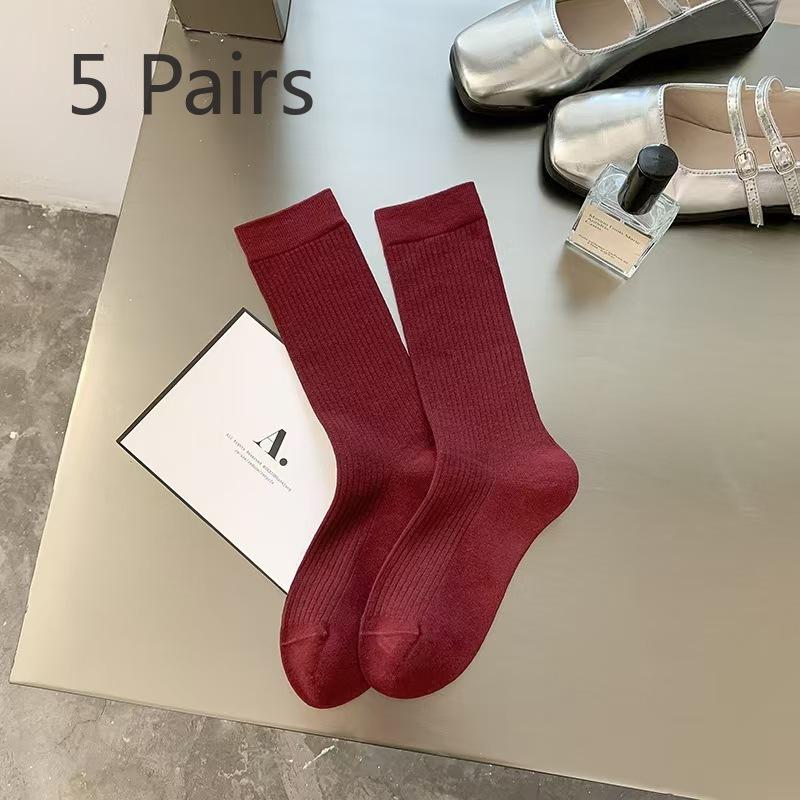 5 Pairs of Female Spring and Autumn Solid Color Cotton Socks