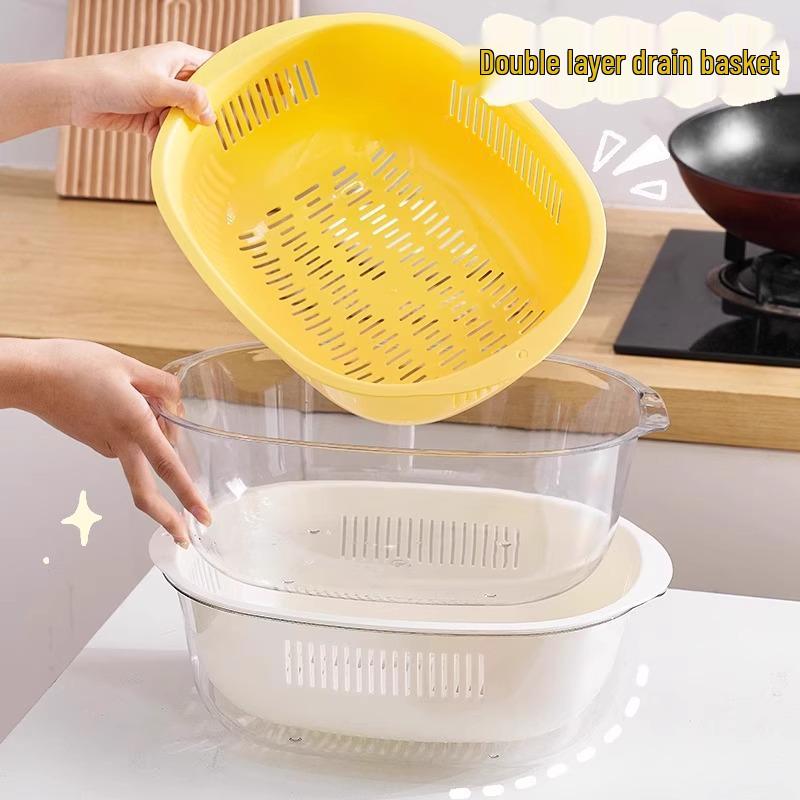 Multifunctional Double-Layer Vegetable & Fruit Washing Basket and Draining Bowl
