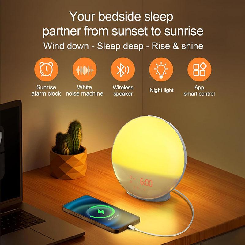 Smart Wake Up Light Alarm Clock Digital Desk Clock with Natural Sounds Bluetooth Speaker APP Control FM Radio Nightlight