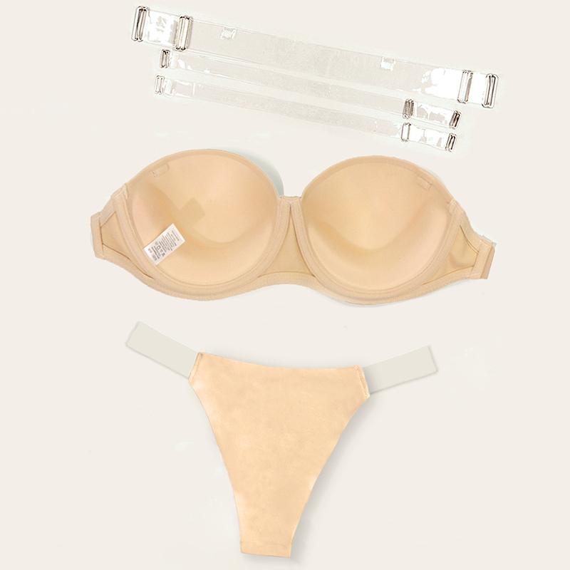 Women Invisible Bra and Thong with Transparent Straps Beige Invisible Padded Push Up Lingerie Bra with Wired 70B-85B 70C-85C
