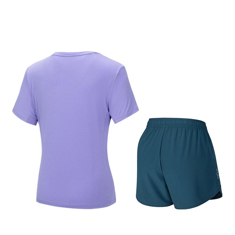 Anta Training Series Round Neck Pullover Solid Color Short Sleeve Sports Simple Elastic Shorts Casual Set Women Set Purple Blue 962527207-4