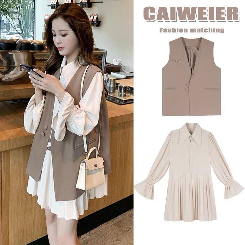 Spring 2026 Korean Style Maternity Outfit: Apricot Dress & Khaki Vest Set M
