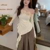 Irregular 3D Floral Off-Shoulder Long Sleeve T-shirt for Women - Stunning Spring/Autumn Top