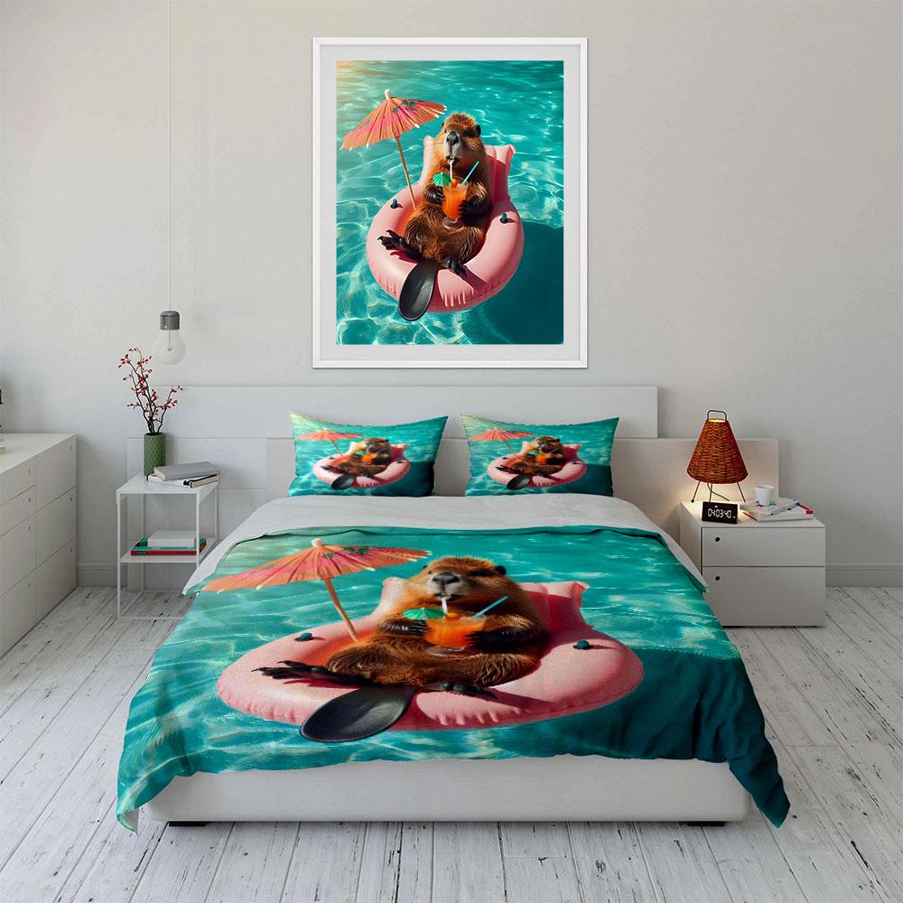 Pool Relaxation Beaver Set Soft Comfortable Duvet Cover Bedding Set Included 1*Duvet Cover & 2*Pillowcases, Gift