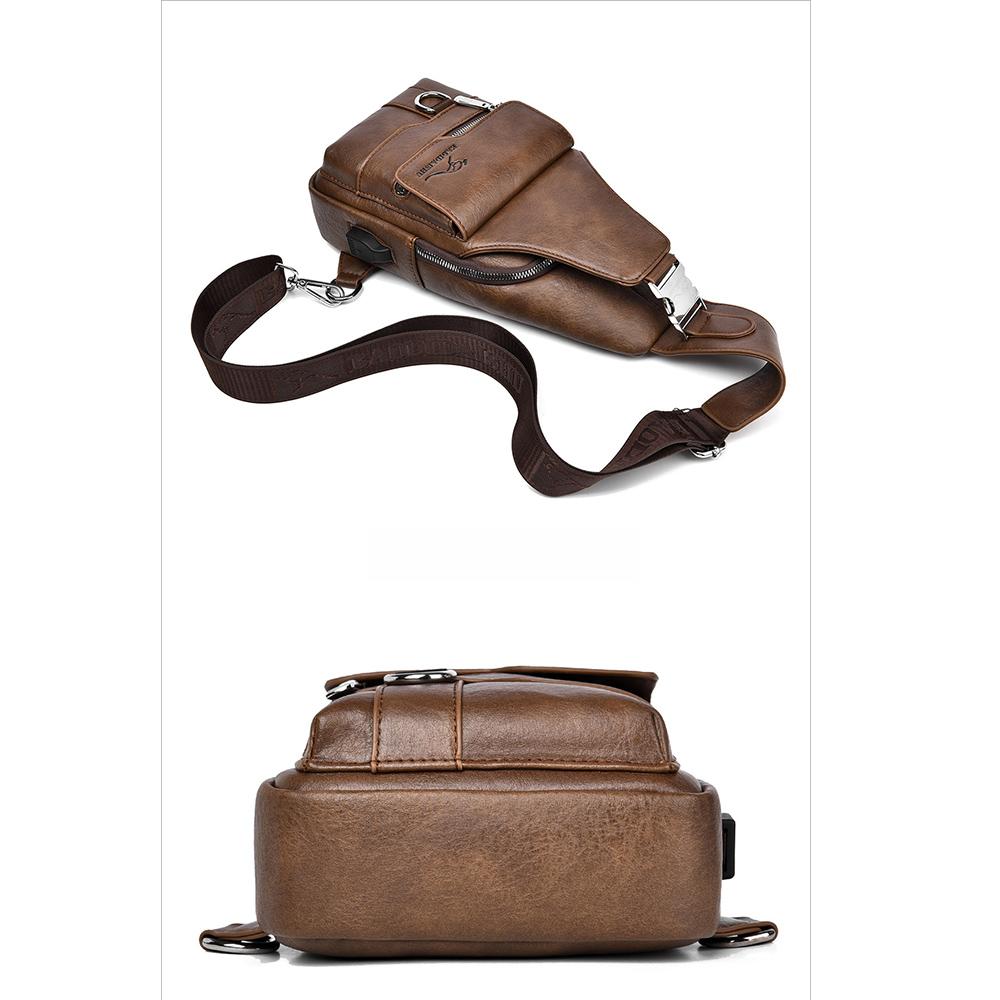 Men's Chest Bag USB Design Messenger Backpack Retro Fabric Shoulder Messenger Bag Sports Small Bag
